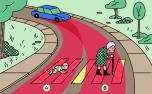 Illustration of a dog and elderly woman crossing a street